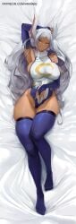 1girls 2024 araneesama breasts bunny_ears dark-skinned_female dark_skin digital_drawing_(artwork) digital_media_(artwork) elbow_gloves female female_focus female_only fingerless_gloves fit fit_female gloves hand_on_belly high_quality highleg highleg_leotard hourglass_figure kemonomimi lagomorph_humanoid large_breasts laying laying_on_bed legwear leotard long_hair looking_at_viewer lying mature_female miruko my_hero_academia on_back pointy_ears purple_gloves purple_legwear rabbit_ears rumi_usagiyama sideboob slim_waist solo solo_female solo_focus superheroine thick_thighs thighhighs white_clothing white_hair white_hair_female wide_hips