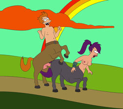 1boy 1girls breasts canon_couple centaur female from_behind futurama horse_penis horsecock leegola male nipples penetration philip_j_fry sex tail taur topless topless_female topless_male turanga_leela