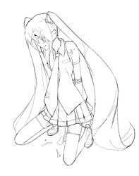 bondage cum hatsune_miku initial-g monochrome sketch thighhighs vocaloid