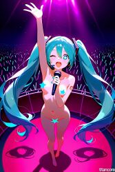 (titancore) adult ai_generated breasts concert covered_nipples covering_crotch cute_girl fans female girl glow_stick happy hatsune_miku music naked night night_sticks singing small_breasts tattoo video_game_character voiceroid winking_at_viewer women