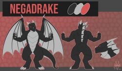 2020 2022 black_body claws dorsal_fin dorsal_frill dragon ear_fins fin frill_(anatomy) grey_body horn male model_sheet multicolored_body mythological_creature mythological_scalie mythology negadrake proboscis_(anatomy) red_eyes scalie spines trunk_(anatomy) unknown_artist wings