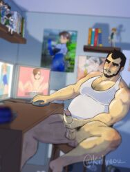 aaron_mitchell gooner gooning hairy_legs hairy_male idolmaster_side-m kityeou male male_only masturbation older_male_and_younger_male room_background shiro_tachibana tachibana_shiro twink ugly_bastard ugly_man white_tank_top