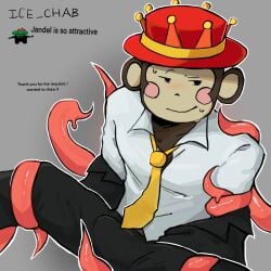 1boy animal_ears animal_nose black_clothing black_pants black_slacks blush blush_stickers bulge bulge_through_clothing bulge_under_clothes clothing_pull erection erection_under_clothes eyebrow_raise eyebrow_raised eyebrows grabbing_arm grey_background grow_a_garden headwear ice_chab imminent_sex jandel male male/tentacle monkey monkey_ears raised_eyebrow red_headwear roblox roblox_avatar roblox_developer roblox_game robloxian self_upload smile smirk smirking snout solo solo_male spread_legs sweat sweatdrop sweating tentacle tentacle_grab tentacles text tie watermark white_clothing white_shirt white_t-shirt yellow_tie