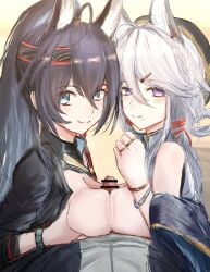 2girls animal_ears arknights blaze_(arknights) catgirl catgirls female reber sisters titjob xingzhu_(arknights)