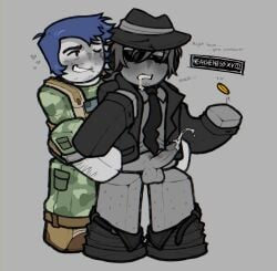2boys blocky_body blue_hair camo camo_clothing chance_(forsaken) clothed coin cum cumming dilfbreederr duo facewear flipping_coin forsaken_(roblox) fully_clothed gay glasses grey_body grey_skin grin grinning guest_1337_(forsaken) guest_1337_(the_last_guest) hands_on_hips hat headphones headwear heart male one_eye_closed pants_down roblox roblox_game robloxian standing suit suit_and_tie text text_box tie white_body white_skin
