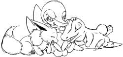 1girls balls bisexual blackcachomon closed_eyes eevee fellatio female feral foreskin group_sex hemipenes humanoid_genitalia humanoid_penis interspecies long_foreskin male nintendo penis penis_in_mouth pokémon_(species) pokemon pokemon_(species) snivy testicles threesome totodile uncircumcised uncut wild_eevee