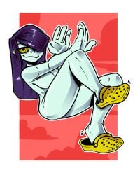 blue_skin covered_navel covered_nipples covered_pussy crocs female fully_nude half-closed_eye hypnotic_eyes maya_(tinsay) oc one_eye_covered one_eye_obstructed painted_nails pale-skinned_female pale_skin purple_hair pussy smirk smug soles suggestive suggestive_look swirly_eyes tinsay_(artist)