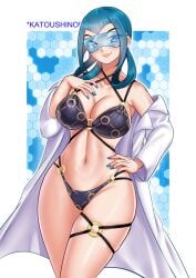 1girls artist_name big_breasts bikini blue_bikini blue_eyes blue_hair blue_nails border breasts cleavage coat cowboy_shot criss-cross_halter female glasses hair_rings halterneck hand_on_breast hand_on_own_chest hand_on_own_hip katou_shinobu lab_coat large_breasts light-skinned_female long_sleeves looking_at_viewer mable_(pokemon) nail_polish navel o-ring o-ring_bikini o-ring_bottom o-ring_thigh_strap o-ring_top off_shoulder open_clothes open_coat outside_border parted_lips pokemon pokemon_legends:_z-a skindentation smile solo standing swimsuit thigh_strap very_long_fingernails white_border white_coat wide_hips