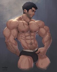 abs bara biceps body_hair bulge chest_hair dog_tags eyebrow_slits facial_hair grabbing_underwear huge_muscles male male_only muscles pecs scar wardgaya yaoi