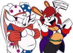 2girls animated anthro belly belly_overhang belt belt_around_belly blush blush_lines brown_fur brown_hair bunny cleavage confetti_(speedsmygame1) eyelashes fat fat_belly fat_female female female_focus female_only furry hips hunin_(speedsmygame1) jester_hat lagomorph lagomorph_humanoid magic magic_wand mobian_(species) nervous_sweat overweight overweight_female rabbit sonic_oc speedsmygame1 stomach thick_thighs thighs wardrobe_malfunction weight_gain white_fur white_hair wide_hips winking winking_at_partner