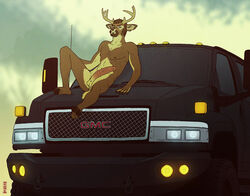 antlers balls cervine deer erection facial_hair horn kannos male male_only no_humans nude penis solo truck vehicle