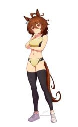 1girls agnes_tachyon_(umamusume) ahoge alternate_costume animal_ears arm_under_breasts black_thighhighs blush breasts brown_hair brown_tail buruma closed_mouth commentary english_commentary female female_only full_body hair_between_eyes horse_ears horse_girl horse_tail huge_ahoge large_breasts long_hair_between_eyes looking_at_viewer medium_hair navel red_eyes revenantart shoes signature simple_background smile solo sports_bra standing tail thighhighs thighs umamusume watermark web_address white_background white_shoes yellow_buruma yellow_sports_bra