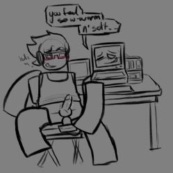 2boys blocky_body blush computer deepseatrenches dialogue dildo dildo_in_ass duo gay glasses male objectum open_mouth p.ai.nter_(pressure) precum precum_drip pressure_(roblox) riding_dildo roblox roblox_game robloxian text text_bubble usb