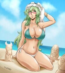 1girls arm_behind_back arm_support armpits artist_name barefoot beach big_breasts bikini bleach breasts busty cleavage drying drying_hair drying_own_hair espada feet female female_only green_bikini green_hair highres large_breasts legs long_hair looking_at_viewer navel nelliel_tu_odelschwanck ocean parted_lips pose posing sensual sexy sexy_pose sitting smile solo swimsuit teeth thighs towel voluptuous water wet yellow_eyes