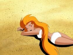 animation_cel beach bikini dcau female human official_art one_eye_closed one_eye_open orange_hair red_eyes sand sexy swimsuit swimwear volcana_(dc) waking_up white_bikini white_swimsuit white_swimwear