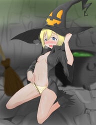 barefoot blonde_hair blue_eyes blush cauldron clothed_masturbation clothing crotch_rub drawfag erica_hartmann female flat_chest hat heavy_breathing kneeling masturbation navel no_bra open_clothes open_coat panties short_hair solo strike_witches through_clothes underwear wand wide_sleeves witch_hat yellow_panties