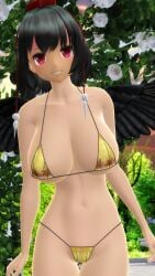 1girls 2025 3d afternoon bikini black_hair_female blush female female_only flowers garden hat hati_yukkuri_mmd headwear hips jpeg light-skinned_female looking_at_viewer mmd navel red_eyes_female shameimaru_aya skimpy_bikini sky solo_female swimsuit tengu touhou trees waist youkai