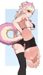 aqua_eyes ass_grab bikini_top blonde_hair body_markings dog_girl ecchi-o emo_hair femdom foot_fetish foot_focus lewdtuber long_nails looking_at_viewer looking_back minishorts original_character pink_soles puppygirl smug_face soles stirrup_legwear thighhighs tongue_out