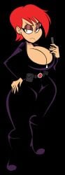 1girls 2024 5_fingers amber_eyes beauty_mark big_ass big_breasts black_background black_boots black_suit boots breasts cute eyeshadow female hand_on_hip jenny_(oboithisisfunky) leather leather_suit looking_at_viewer mole oboithisisfunky red_hair spy suit tagme thick_thighs utility_belt