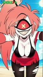 ai_generated beach big_breasts breast_expansion breasts cherri_bomb cherri_bomb_(hazbin_hotel) ends34 female female_only hazbin_hotel looking_at_viewer pink_eyes pink_hair ponytail sand sea smile stockings summer sunlight torn_clothes