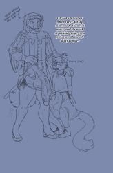 anthro balls big_penis canid canine canis chaperon_(hat) chausses clothed clothing coin_purse dialogue domestic_cat domestic_dog duo embarrassed felid feline felis genitals hand_on_shoulder hood huge_cock kittykuscell knife legwear long_penis longsword male male/male mammal medieval medieval_clothing melee_weapon musk musk_clouds penis raised_clothing raised_topwear saggy_balls scabbard shirt steam steamy_penis sword thick_penis tight_clothing tights tongue tongue_out topwear tunic vascular_penis vein veiny_balls veiny_penis weapon