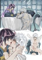 2boys amagakii38079 anal anal_sex bath bathtub class_3-z diphallia diphallism ear_fins erection french_kiss gay gintama gintoki_sakata glasses kimono kissing labcoat male male_only merfolk merman official_alternate_costume penis purple_hair takasugi_shinsuke uncensored veil white_hair yaoi