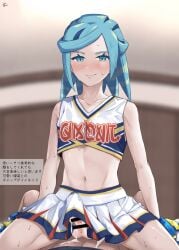 2boys alternate_costume aqua_eyes aqua_hair balls bar_censor blurry blurry_background blush censored cheerleader closed_mouth collarbone commentary_request cropped_shirt crossdressing crossdressing_(mtf) cum eyelashes femboy grusha_(pokemon) half-closed_eyes highres indoors male male_focus medium_hair min_(myna8247) multiple_boys navel penis pleated_skirt pokemon pokemon_sv print_shirt shirt skirt sleeveless sleeveless_shirt smile split_mouth spread_legs sweat testicles translation_request white_shirt white_skirt yaoi