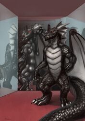 2022 absurd_res black_body claws dorsal_fin dorsal_frill dragon ear_fins fin frill_(anatomy) grey_body hi_res horn male mirror mirror_reflection multicolored_body mythological_creature mythological_scalie mythology negadrake proboscis_(anatomy) red_eyes reflection rhaenjarr scalie spines trunk_(anatomy) wings