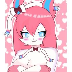 1:1 2024 anthro anthrofied blue_eyes blush bow_accessory bow_ribbon breasts bust_portrait cleavage clothed clothing covering covering_breasts covering_self crossed_arms digital_media_(artwork) duo eeveelution evaacii female fur generation_6_pokemon hair heart_symbol looking_at_viewer nintendo nude pink_background pink_hair pokemon pokemon_(species) pokemorph portrait ribbons simple_background solo sylveon white_body white_fur