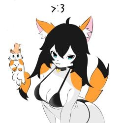 >:3 1:1 2025 :3 anthro big_breasts black_bra black_clothing black_hair black_panties black_underwear blue_eyes bra breasts cleavage clothed clothing collar digital_media_(artwork) domestic_cat evaacii fangs felid feline felis female fur hair hi_res looking_at_viewer mammal michahi_(evaacii) multicolored_body multicolored_fur orange_body orange_fur panties simple_background smile solo tail teeth text thong triangle_bra underwear white_background white_body white_fur