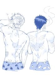 2boys after_sex amagakii38079 back_muscles bite_mark bite_marks boxers cigarette gay gintama gintoki_sakata hickey hickey_marks hijikata_toshiro male male_only monochrome muscles muscular muscular_male rear_view scratch_marks scratches smoking topless topless_male underwear yaoi