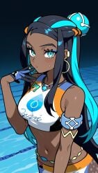 ai_art ai_assisted ai_generated ass background belly belly_expansion big_ass big_belly big_breasts big_breasts blue_eyes blue_hair breasts chubby cum curvy dark_hair dark_skin female female hot huge_breasts long_hair long_sleeves navel nessa nessa_(pokemon) nipples no_bra npc_trainer nude pokemon pokemon_(game) pool pregnant sex simple solo voluptuous voluptuous_female