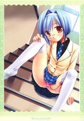 blazer blue_hair clothed_masturbation clothing copyright_request d.n.a.lab egg_vibrator glasses hair_intakes high_resolution masturbation megane miyasu_risa necktie orange_eyes panties paper_texture pink_panties plaid plaid_skirt school_uniform short_hair skirt spread_legs stairs stockings thighhighs underwear vibrator vibrator_in_panties white_legwear