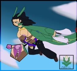 anthro blush blush_lines bodily_fluids clothing coat delta_kazarashi deltatel duo eevee female femdel_(deltatel) generation_1_pokemon generation_3_pokemon hi_res human hybrid impregnation in_sky lactating legendary_pokemon male mammal nintendo ovum pokemon pokemon_(species) rayquaza rudy_kenway scarf sky topwear waist_grab x-ray_view