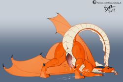 3:2 ass bodily_fluids claws cum cum_on_ground dragon erection feral genital_fluids genitals hi_res horn knot knotted_penis looking_back male membrane_(anatomy) membranous_wings mythological_creature mythological_scalie mythology nude orange_body penis presenting presenting_hindquarters raised_tail scalie simple_background sine_nomine_x solo tail tongue tongue_out wings