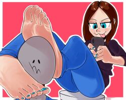 1boy 1girls anonymous_male barefoot black_shirt blue_eyes blue_jeans blue_nails blue_toenails brown_hair collared_shirt ear_piercing eyes_half_open feet feet_on_face feet_on_head feet_up female female_focus femdom foot_fetish foot_focus fully_clothed grey_body holding_object holding_phone human_footstool ignoring ignoring_another looking_at_phone male on_phone painted_nails painted_toenails penis phone playing_videogame samsung samsung_sam short_hair sitting smile stepping_on_head stepping_on_penis submissive tinsay_(artist) toes tongue tongue_out