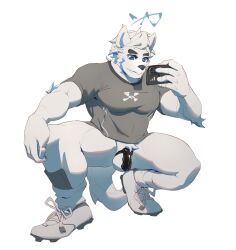 2024 anthro arm_tuft balls barazoku biped black_chastity_cage bottomless bottomless_anthro bottomless_male canid canine canis cellphone chastity_cage chastity_device cleats clothed clothed_anthro clothed_male clothing crotch_tuft crouching elbow_tuft electronics footwear fur genitals hi_res holding_cellphone holding_object holding_phone holding_smartphone looking_at_cellphone looking_at_object looking_at_phone male male_anthro mammal muscular muscular_anthro muscular_male phone print_clothing print_shirt print_topwear reykn shin_guards shirt shoes simple_background smartphone socks solid_chastity_cage solo sportswear t-shirt tail topwear tuft under_armour wearing_chastity_cage wearing_chastity_device white_background white_body white_fur wolf