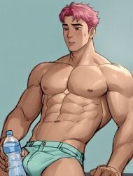 abby_(kpop_demon_hunters) ai ai_generated asían asian_male badhippy69 big_pecs bottle bulge gay gay_male korean korean_male kpop_demon_hunters male male_only muscular muscular_male pink_hair saja_boys shorts solo solo_focus solo_male sony_pictures_animation water_bottle yaoi