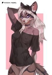 anthro biped bottomless breasts clothed clothing eyebrows eyelashes female fur genitals hand_behind_head hi_res multicolored_body multicolored_fur navel partially_clothed pupils purple_eyes pussy simple_background smile solo tail translucent translucent_clothing translucent_topwear vulva yasmil