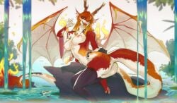 2025 anthro areola ass biped breasts clothed clothed_anthro clothed_female clothing countershade_torso countershading digital_media_(artwork) dragon feet female horn legwear looking_at_viewer momobeda mythological_creature mythological_scalie mythology navel nipples open_mouth orange_hair outside pantsless pantsless_anthro pantsless_female partially_clothed partially_clothed_anthro partially_clothed_female red_body red_scales red_tail scales scalie solo tail teeth thigh_highs thigh_highs_only toes tongue topless topless_anthro topless_female water wings
