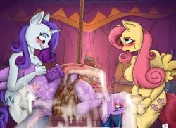 2d_(artwork) 3futas blush bondage cum cumflation drooling excessive_cum fluttershy_(mlp) furry futanari horse horsecock hyper intersex my_little_pony rarity_(mlp) rope spitroast threesome twilight_sparkle_(mlp)