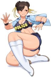 1girls blush breasts brown_eyes brown_hair chun-li cleavage female female_only full_body hair_bun large_breasts open_clothes police police_uniform policewoman revealing_clothes shigenobu simple_background smile solo street_fighter tied_hair white_background