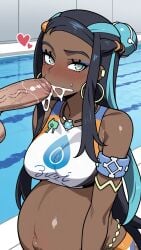 ai_art ai_assisted ai_generated ass background belly belly_expansion big_ass big_belly big_breasts big_breasts blowjob blue_eyes blue_hair breasts chubby cum curvy dark_hair dark_skin felation female female hot huge_breasts long_hair long_sleeves navel nessa nessa_(pokemon) nipples no_bra npc_trainer nude pokemon pokemon_(game) pool pregnant sex simple solo voluptuous voluptuous_female