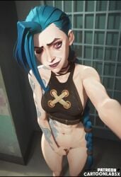 2d ai_generated arcane arcane_jinx blue_hair cartoon cartoonlabsx clothes_down clothes_removed covering covering_crotch covering_self female jinx_(league_of_legends) league_of_legends petite petite_body petite_female tagme