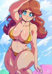 1girls armpits bangs bare_shoulders benbeau bikini bimbo blue_eyes breasts brown_hair collarbone cowboy_shot crown curvaceous curvy earrings female female_only gold_bikini highres huge_breasts jewelry long_hair looking_at_viewer mario_(series) micro_bikini navel nintendo princess princess_daisy royalty shiny_skin short_hair smile solo swimsuit thick_thighs thighs thong wide_hips yellow_bikini