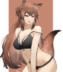 1girls 2023 ai-bon animal_ears arknights bare_shoulders black_underwear bra brown_hair fox_ears fox_girl fox_tail franka_(arknights) hi_res lingerie long_hair oerba_yun_fang orange_eyes panties simple_background smile solo standing tail underwear