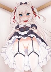 absurdres animal_ears ass_visible_through_thighs azur_lane bare_shoulders black_bow black_dress blue_eyes blush bow bow_choker breasts cat_ears cat_hair_ornament choker cleft_of_venus closed_mouth clothes_lift collarbone commentary detached_sleeves dress dress_lift fake_animal_ears feet_out_of_frame female frilled_dress frills from_below garter_belt hair_ornament hair_ribbon hairbow hammann_(azur_lane) highres kinomiki_nobori lifted_by_self long_hair no_panties pussy red_bow red_choker red_ribbon ribbon short_sleeves small_breasts strapless strapless_dress sweat thighhighs two_side_up uncensored white_hair white_thighhighs