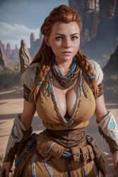 1girls ai_generated aloy big_breasts cleavage clothed clothed_female curvaceous fantasyai female female_only horizon_zero_dawn human red_hair