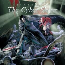 6+boys album_cover amputee black_coat black_hair blood blood_from_eyes blood_from_mouth blood_on_weapon breasts carrying carrying_person chuuou_higashiguchi cloud coat copyright_name cover cyborg female guro highres holding holding_sword holding_weapon katana kikokugai kong_taoluo long_hair medium_breasts monster multiple_boys official_art open_clothes open_coat ponytail quadruple_amputee red_hair science_fiction sky sword weapon zhu_shaoyan