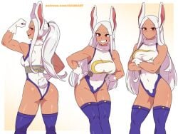 arms_crossed arms_crossed_over_breasts ass blue_thighhighs bodysuit bunny_ears bunny_girl bunny_tail confident dark-skinned_female dark_skin dashi_art eyeliner flexing flexing_arms flexing_bicep gloves high_ponytail long_hair miruko muscular_female my_hero_academia ponytail red_eyes red_eyes_female rumi_usagiyama smile stockings straight_hair thighhighs white_bunny_ears white_gloves white_hair